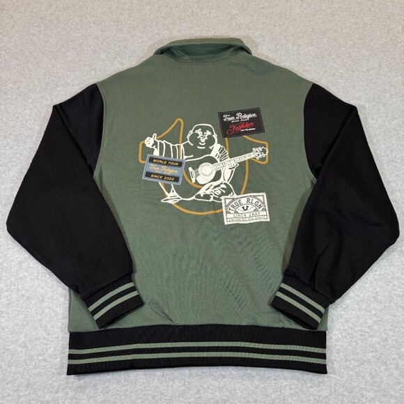 True Religion Men's Collared Patch Fleece Varsity Jacket Medium Green Black NWT - Picture 2 of 15